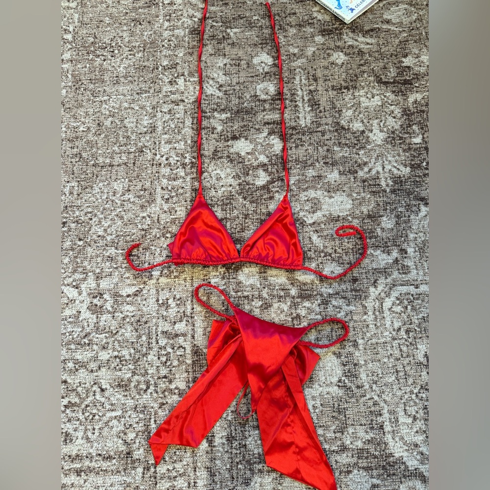 SKIMS Red Satin Triangle Bow lingerie thong Set